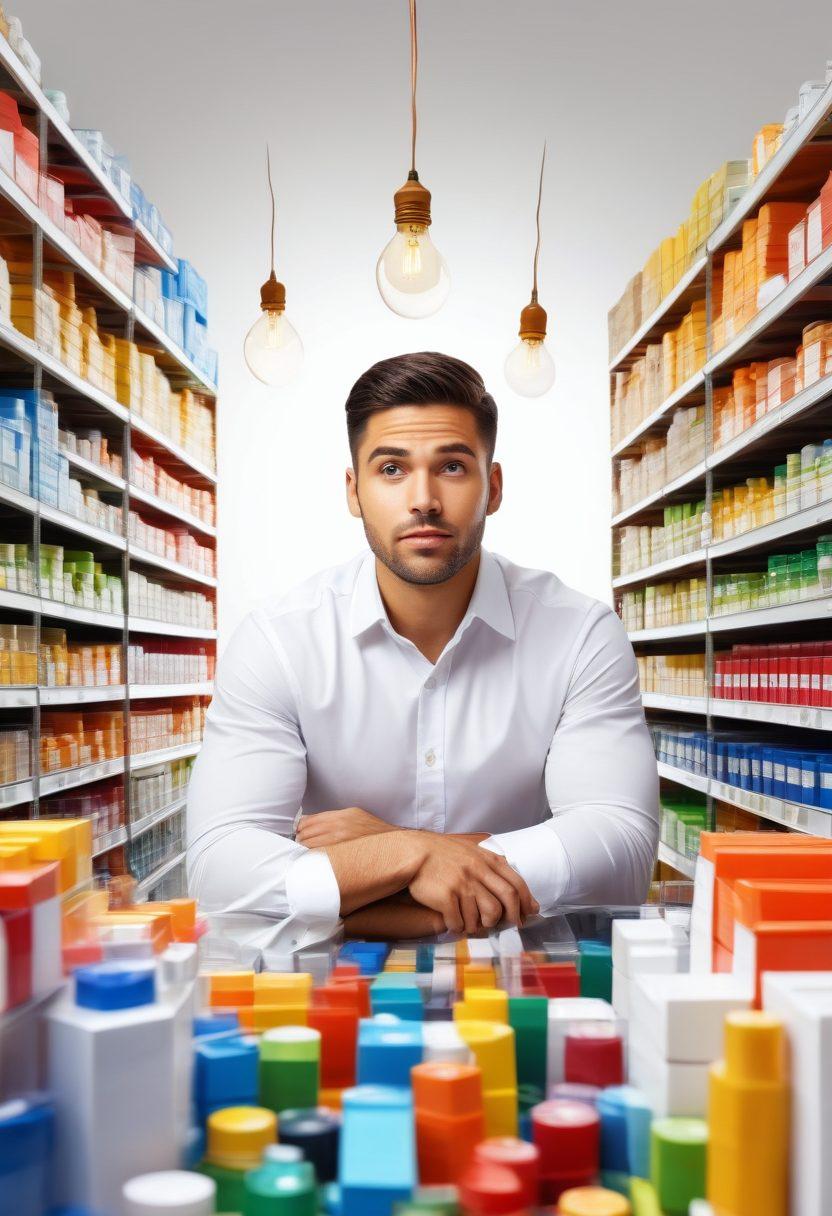 A dynamic scene illustrating a savvy entrepreneur surrounded by stacks of wholesale products, engaging with diverse retail customers. Include vibrant visuals of bulk items, shopping carts filled with goods, and charts depicting retail growth strategies. The entrepreneur is energetically discussing strategies with a light bulb representing ideas above their head. The background should be bright and inspiring, symbolizing success and opportunity. super-realistic. vibrant colors. white background.