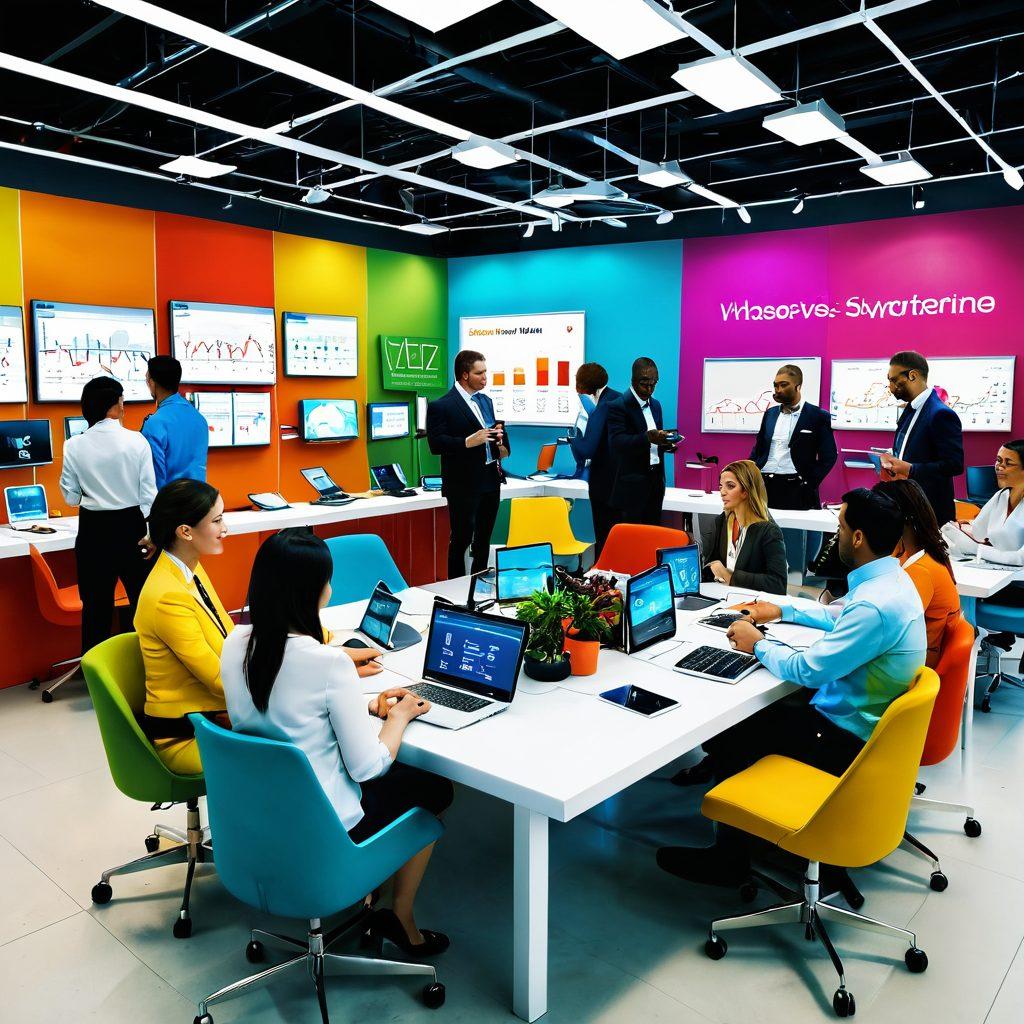 A bustling retail environment showcasing diverse wholesalers sharing strategies. Include a roundtable with engaged professionals discussing tactics, surrounded by products ranging from electronics to fashion. Capture a dynamic atmosphere with growth charts and success metrics visually represented in the background. Bright, inviting colors to attract attention and invoke a sense of collaboration. super-realistic. vibrant colors. 3D.